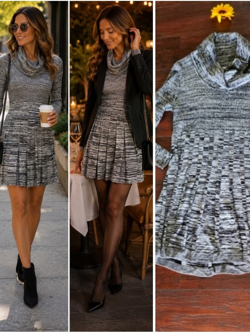 DANA BUCHMAN GRAY Long sleeve Marled cowl neck pleated Dress 👗